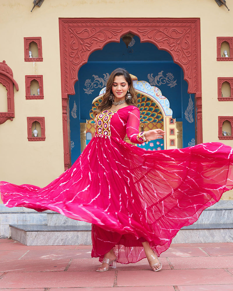 Navratri Special Pink Color Faux Georgette Laheriya Print Gown