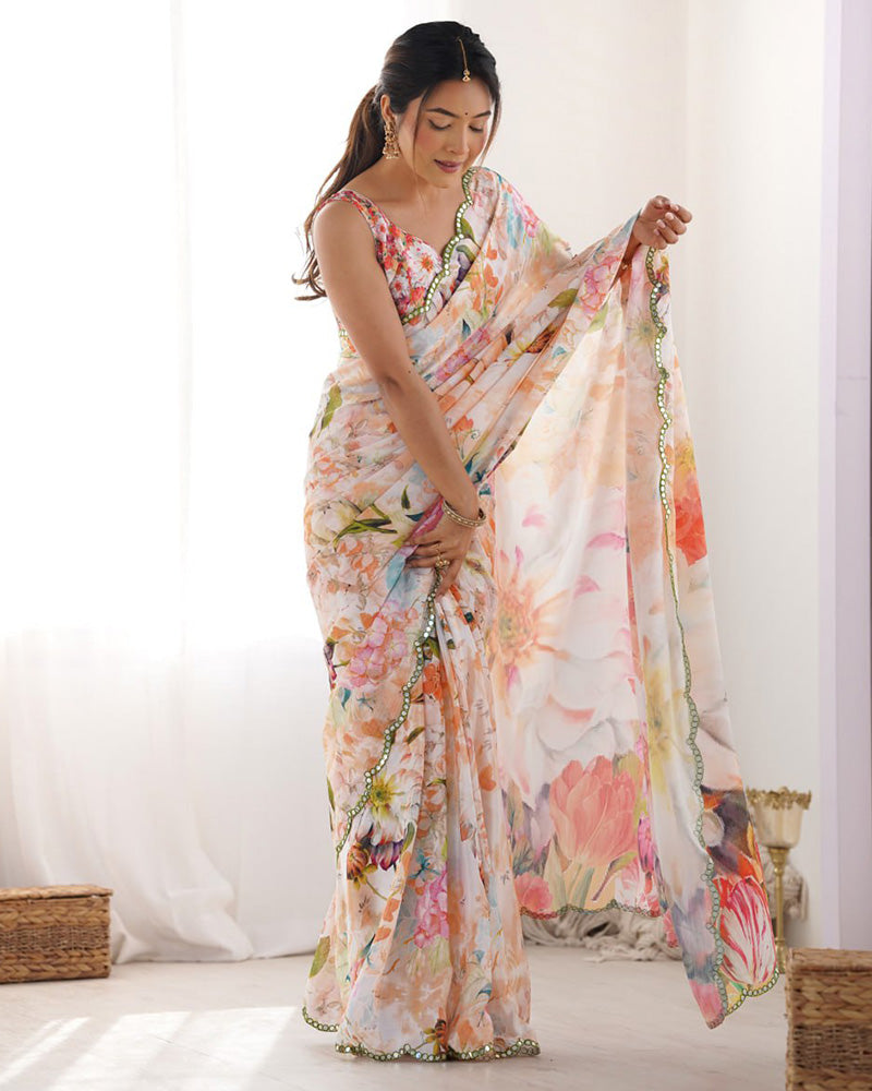 Peach Color Chinnon Silk Printed Saree
