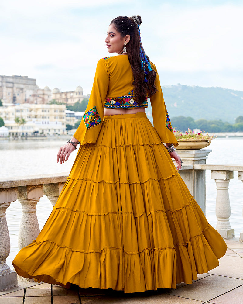 Mustard Color Pure Rayon Ruffle Style Navratri Lehenga Choli