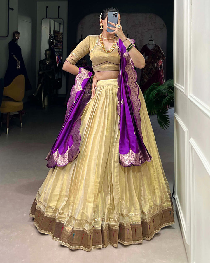 Designer Cream Color Erode Jacquard Paithani Silk Lehenga Choli