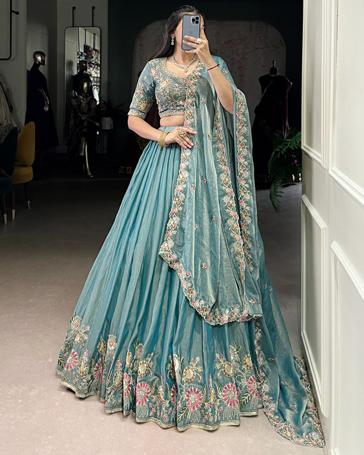 Designer Sky Blue Color Zari Shimmer Lehenga Choli
