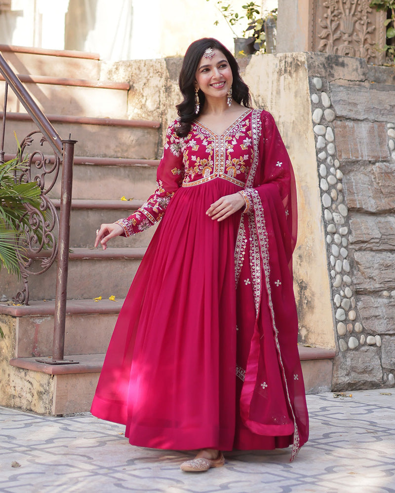 Designer Rani Pink Color Gown With Sequence Embroidered Dupatta