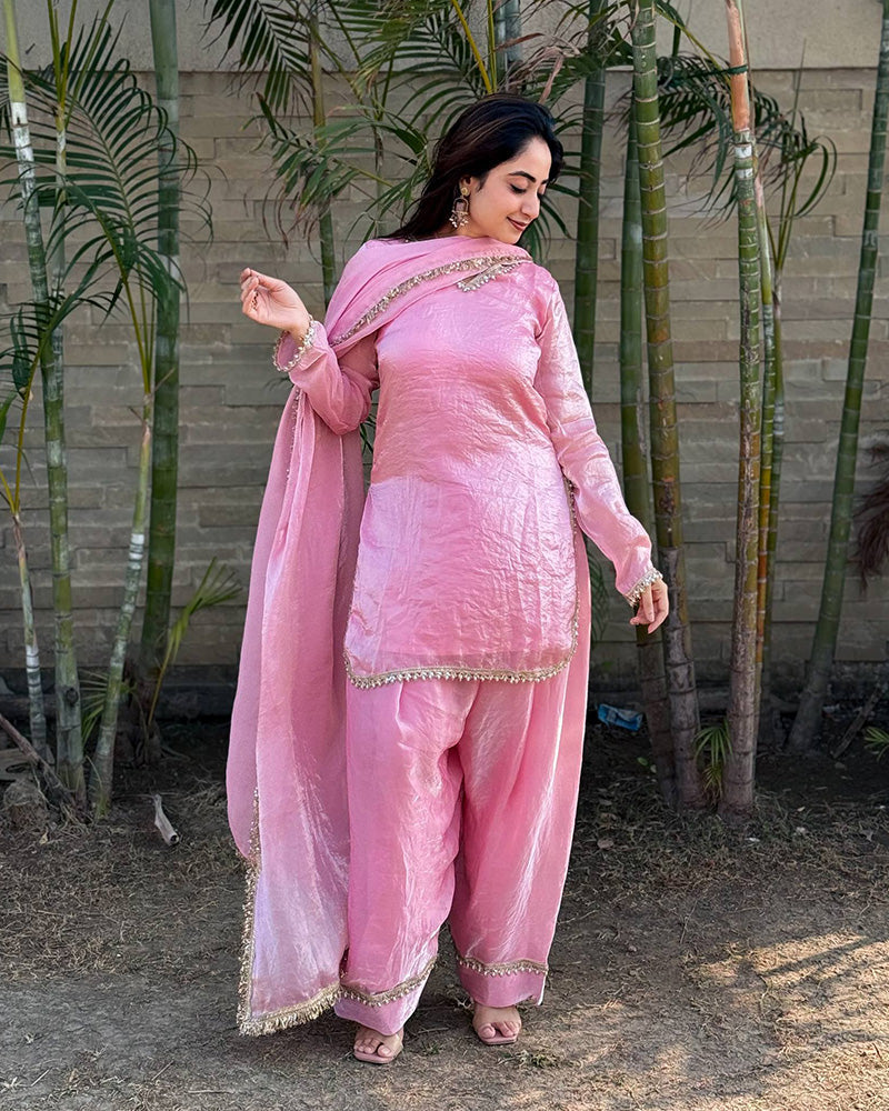 Baby Pink Color Fendi Satin Silk Farshi Salwar Suit