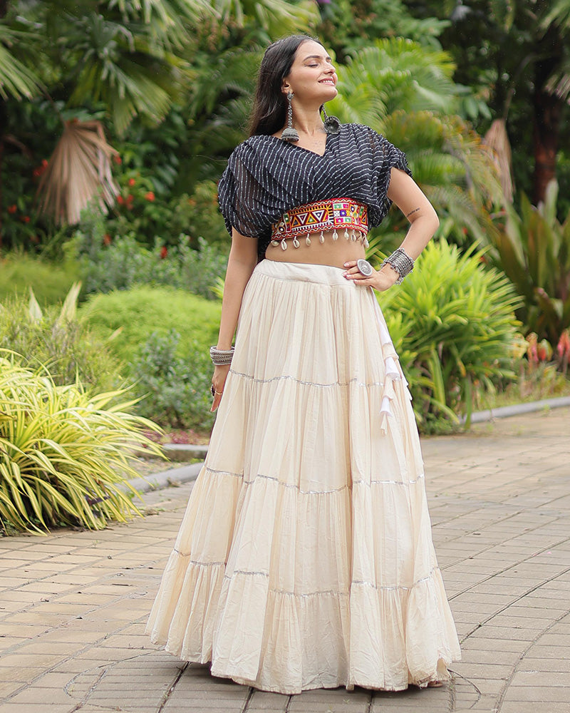 Black Color Choli With Off-White Kora Cotton Lehenga