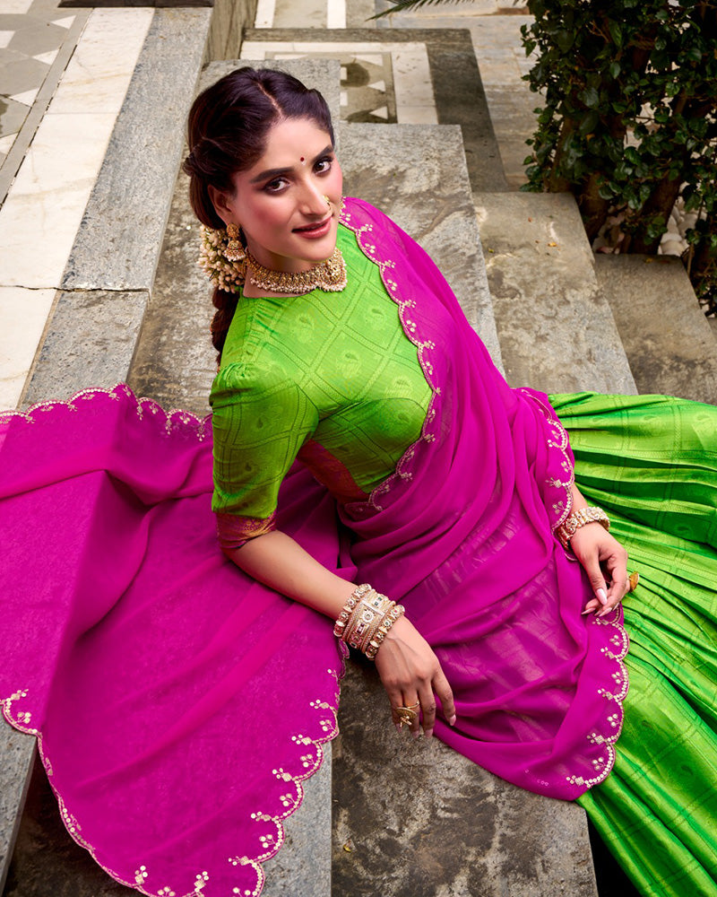 Parrot Green Color Poly Cotton Zari Weaving Half Saree