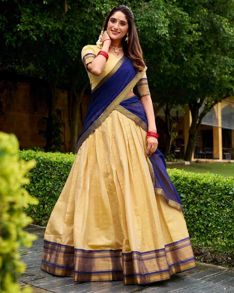 Navy Blue Kanchipuram Silk Half Saree Zari Weaving
