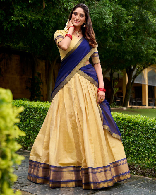 Navy Blue Kanchipuram Silk Half Saree Zari Weaving