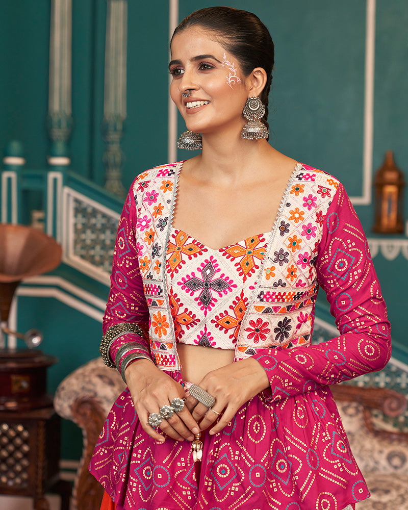 Pink Multi Color Rayon Navratri Lehenga Choli