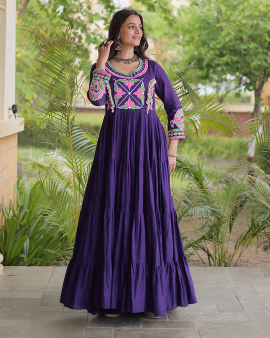 Two Color Kora Cotton with Multi Thread Embroidered Navratri Gown