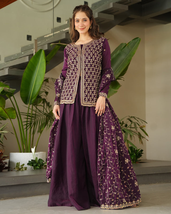 Elegant Wine Embroidered Sharara Set with Dupatta