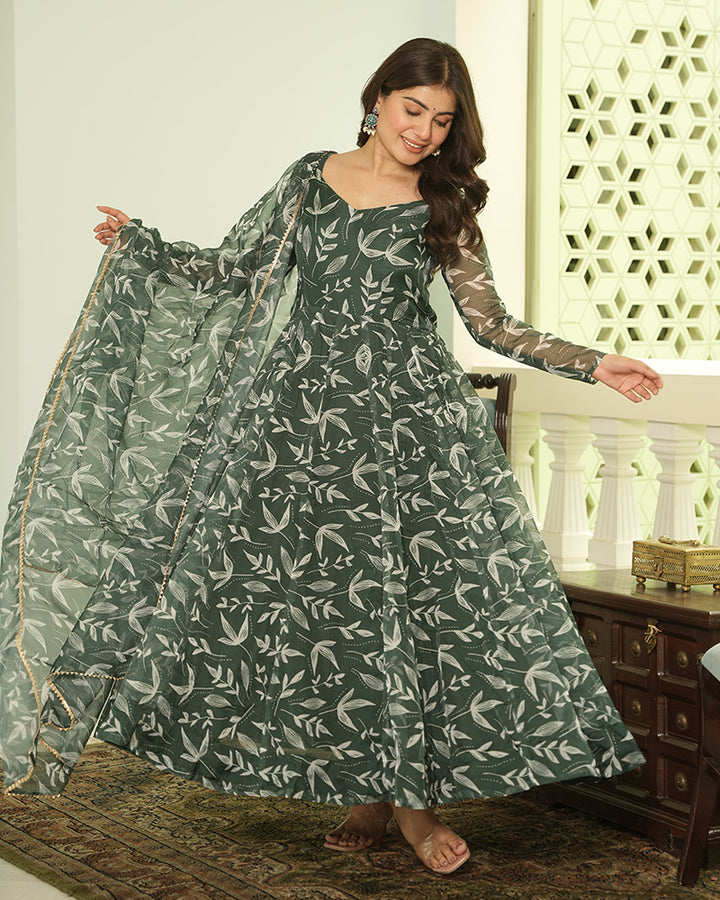 Green Color Tebby Organza Anarkali Suit