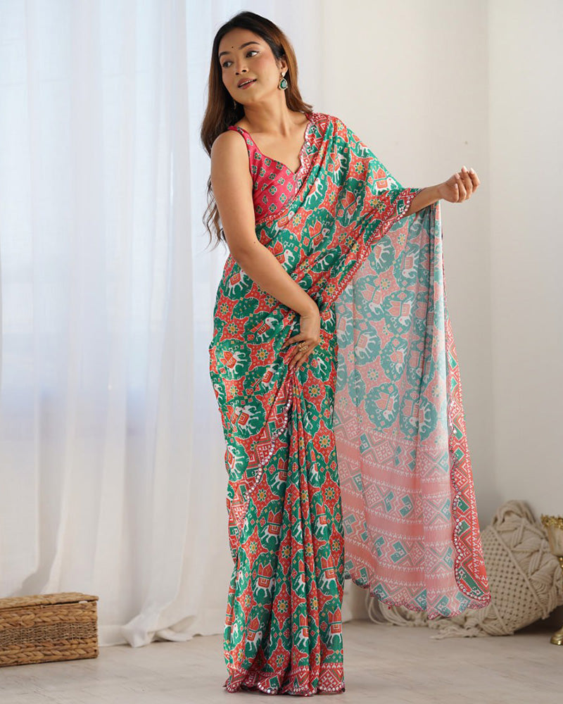Bottle Green Color Chinnon Silk Printed Saree