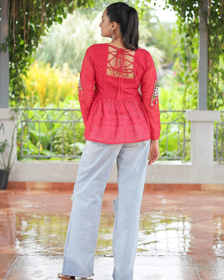 Pink Color Georgette Lucknowi Work Navratri Kediya
