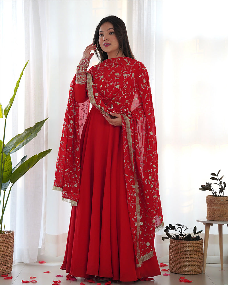 Red Color Soft Georgette Anarkali With Heavy Dupatta Work