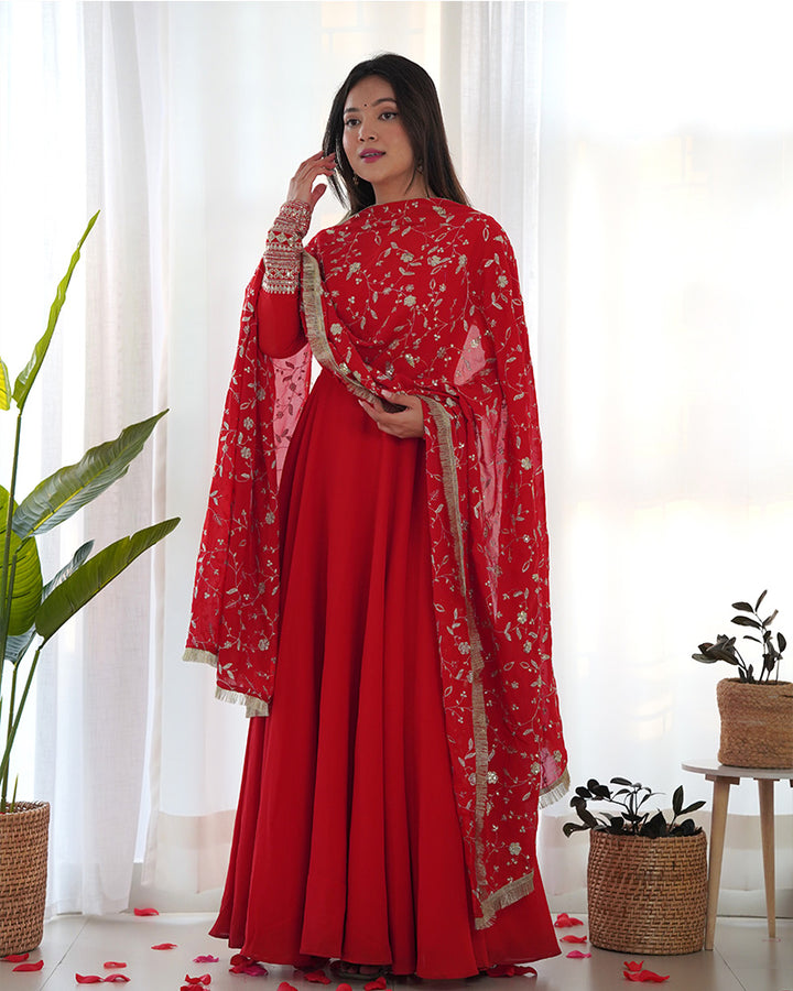 Red Color Soft Georgette Anarkali With Heavy Dupatta Work