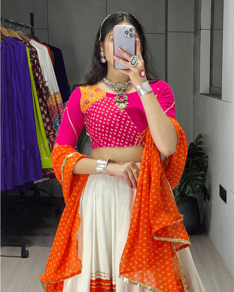 Pink And Orange Color Rayon Cotton Navratri Lehenga Choli