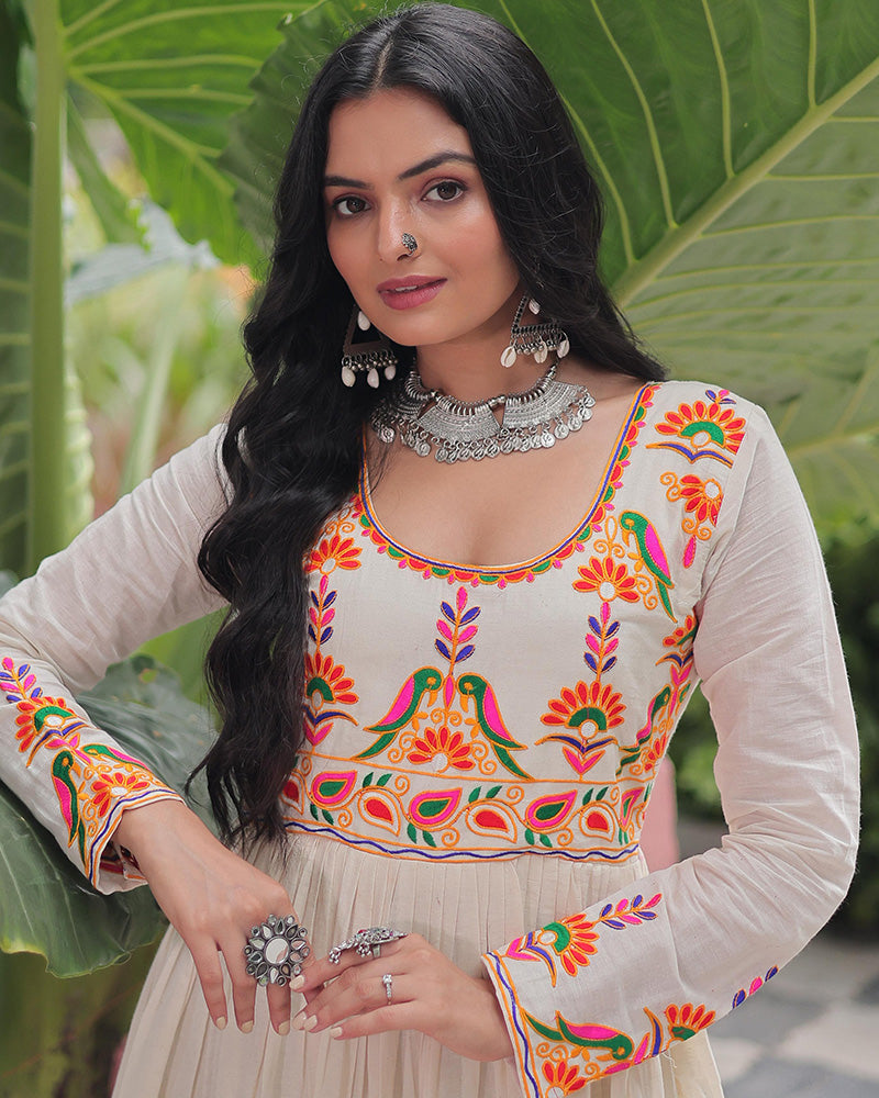 Elegant Off-White Kora Cotton Mirror Work Navratri Gown
