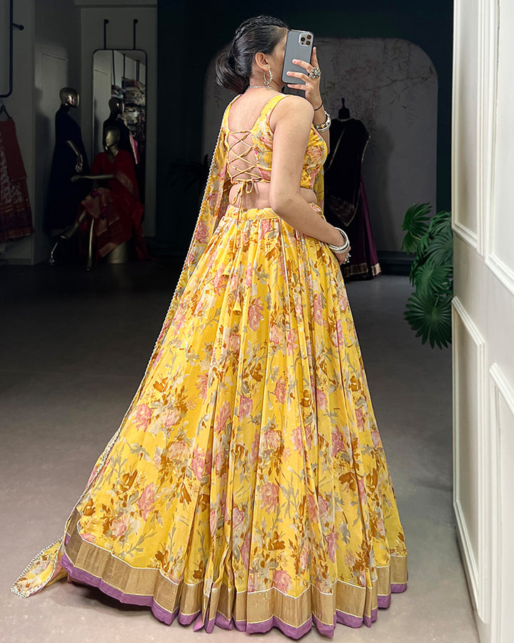 Yellow Color Chiffon Floral And Foil Printed Lehenga Choli