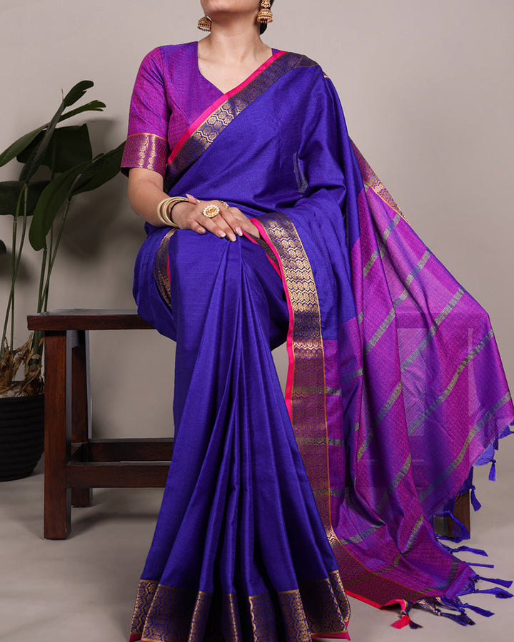 Royal Blue Color Zari Weaving Poly Cotton Saree