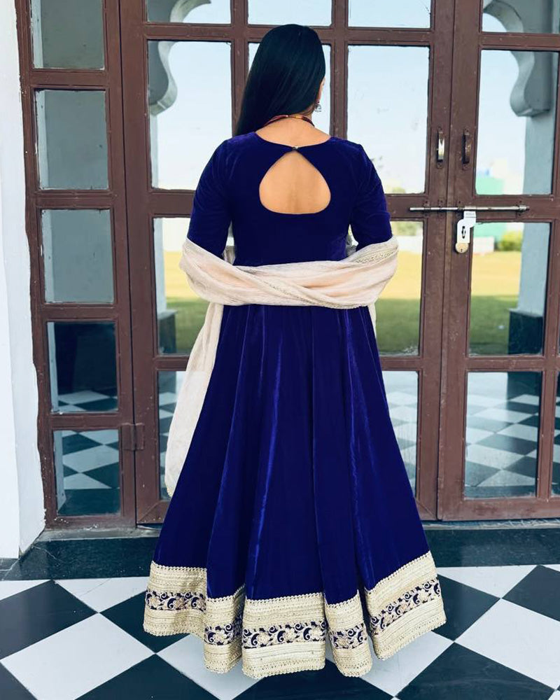 Navy Blue Color Pure Viscose Velvet Anarkali Suit