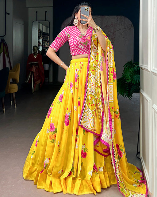Yellow Color Floral Printed Georgette Lehenga Choli
