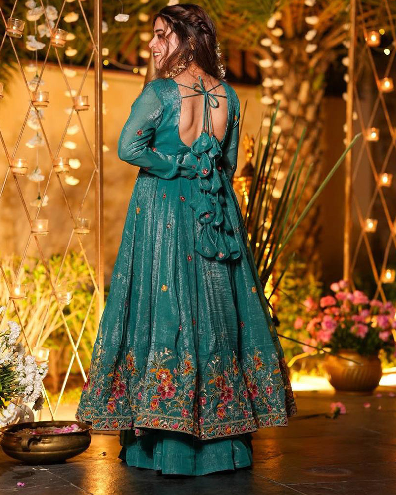 Teal Green Color Crunchy Silk Embroidered Sharara Suit