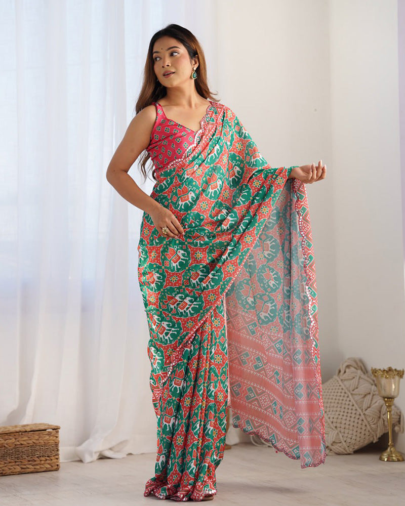 Bottle Green Color Chinnon Silk Printed Saree
