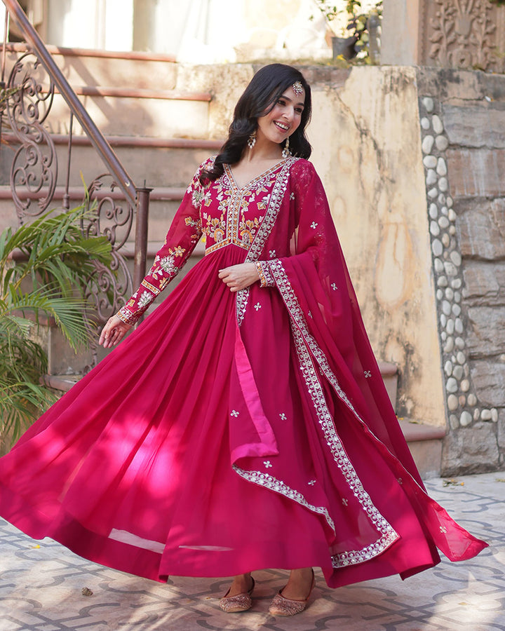 Designer Rani Pink Color Gown With Sequence Embroidered Dupatta