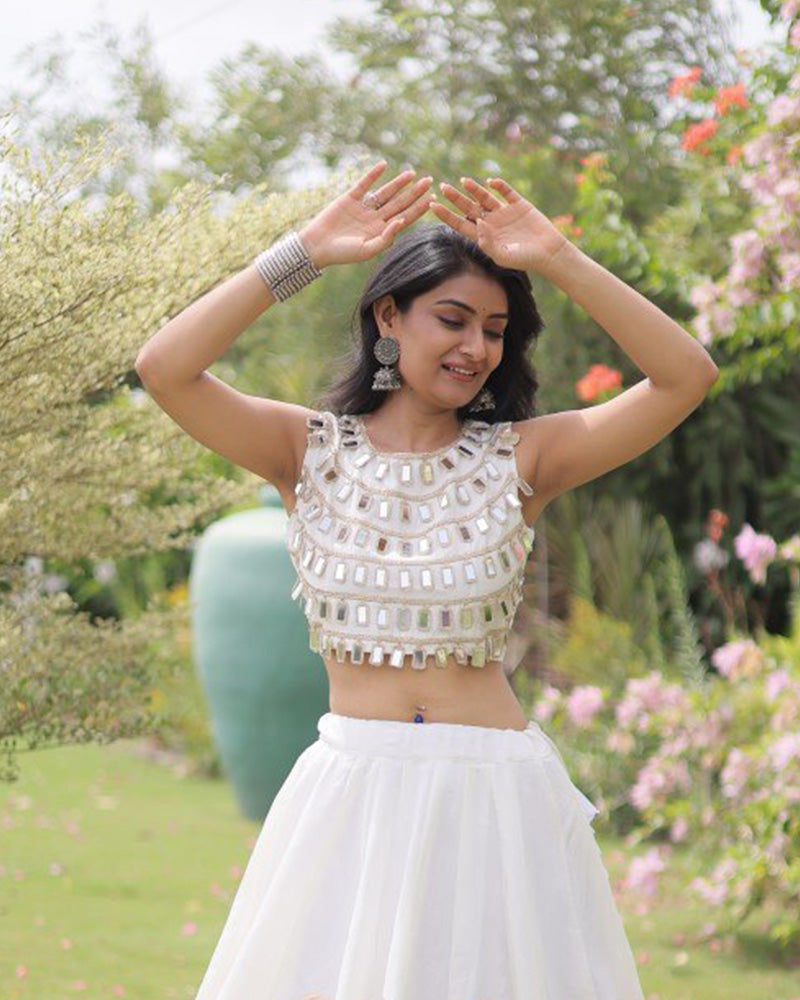 Traditional White Roman Silk Navratri Wear Lehenga Choli