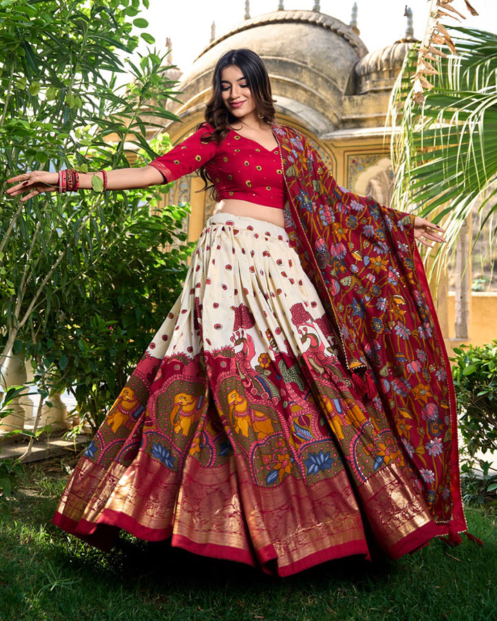 Kalamkari Print Off-White Color Tussar Silk Lehenga Choli