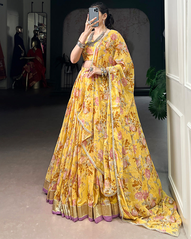 Yellow Color Chiffon Floral And Foil Printed Lehenga Choli
