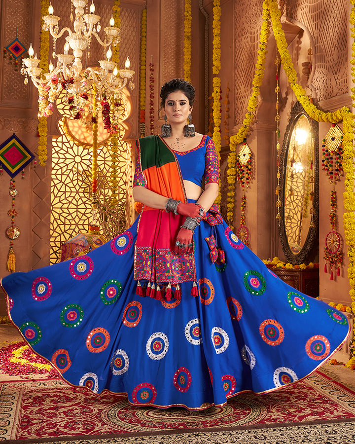 Royal Blue Traditional Choli With Colorful Embroidery And Mirror