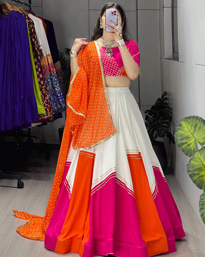 Pink And Orange Color Rayon Cotton Navratri Lehenga Choli