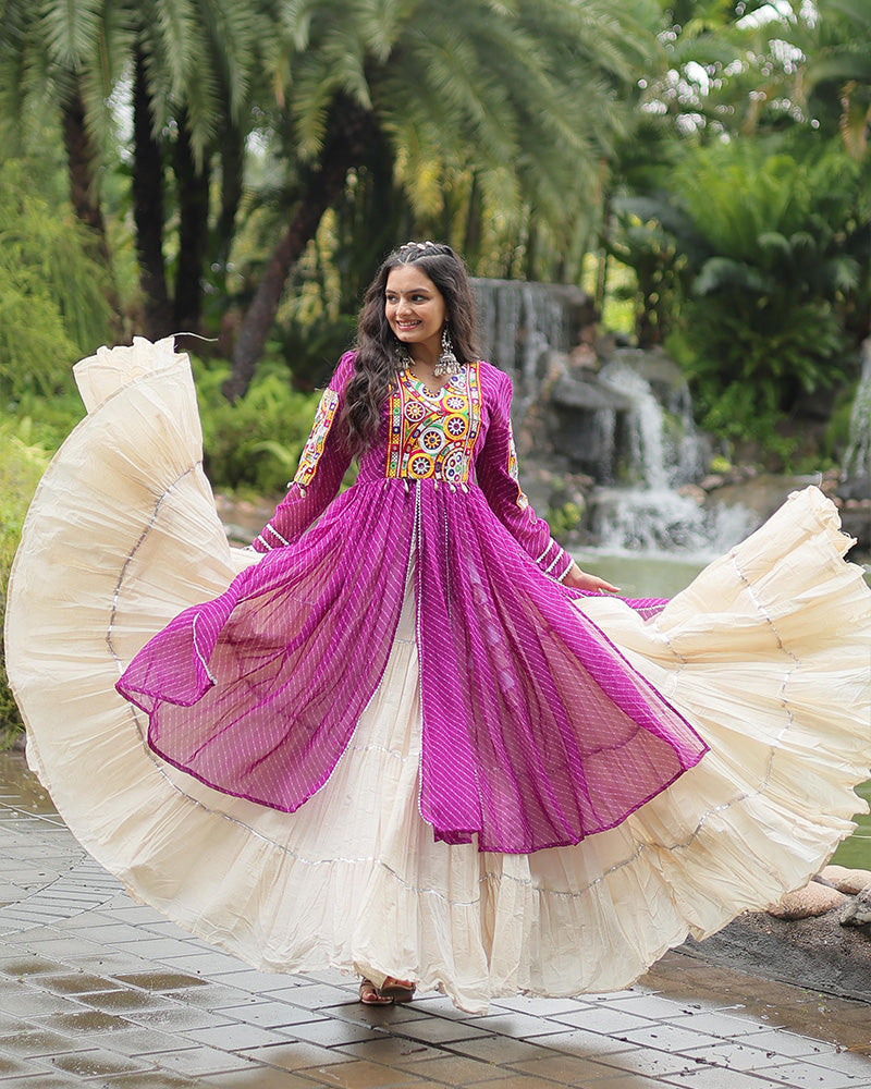 Purple Color Kurti With Off-White Kora Cotton Lehenga