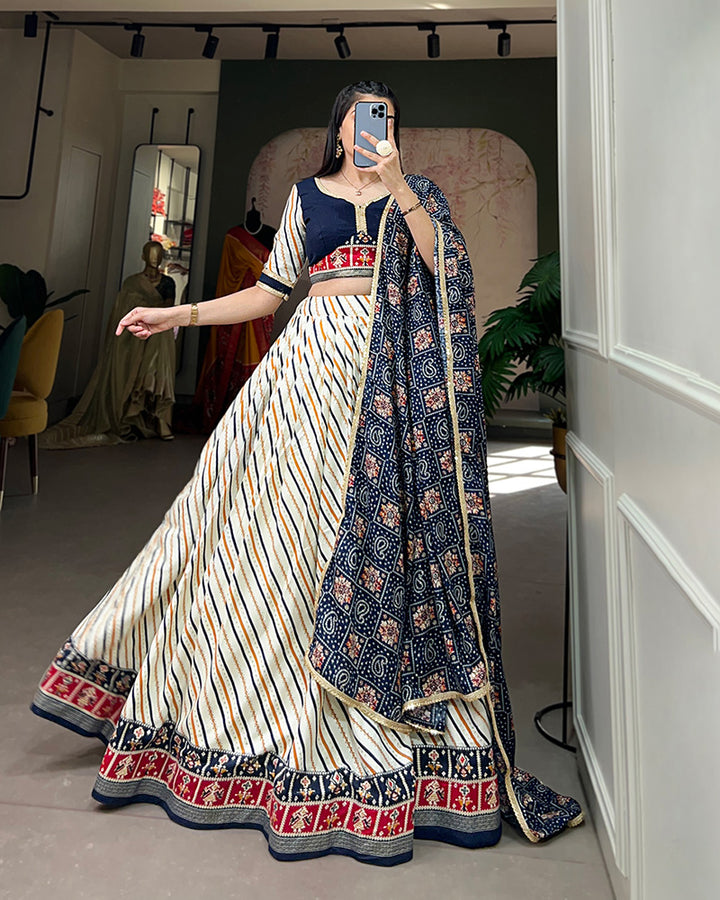 Laheriya And Patola Print Navy Blue Color Cotton Fully Stitched Lehenga Choli