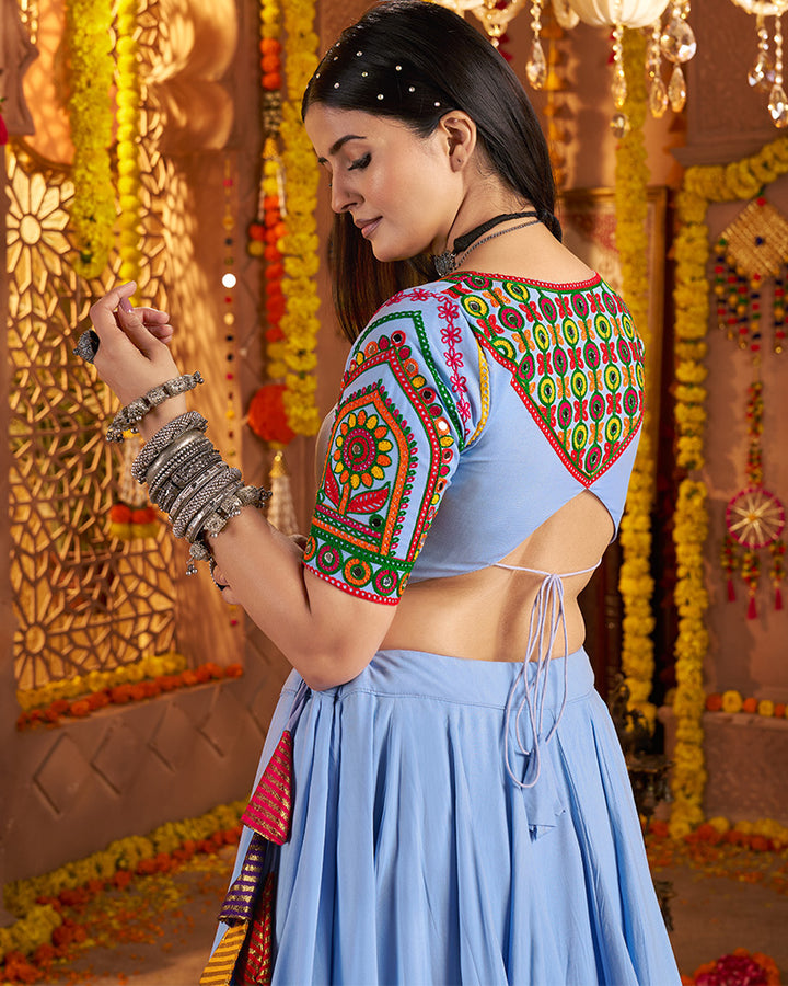 Traditional Sky Blue Color Mirror Work Navratri Lehenga Choli