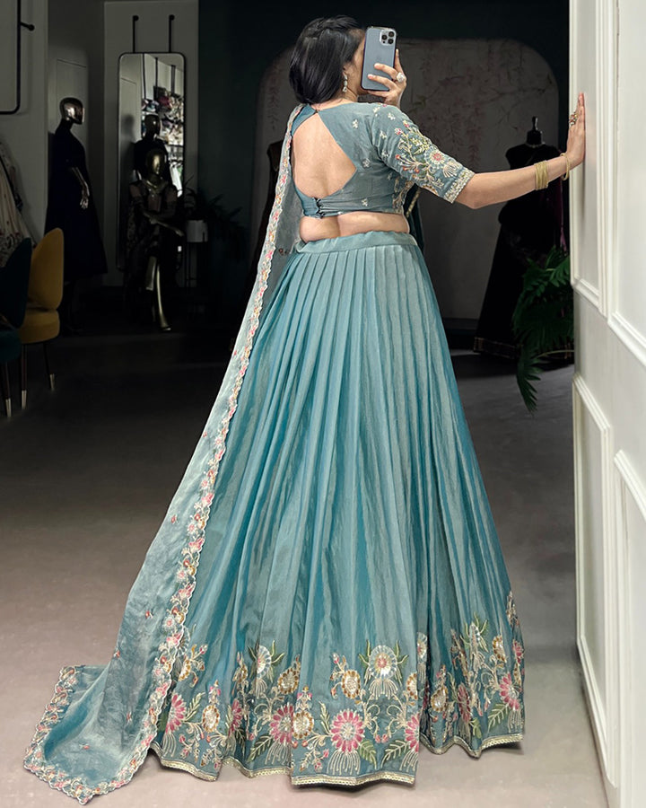 Designer Sky Blue Color Zari Shimmer Lehenga Choli