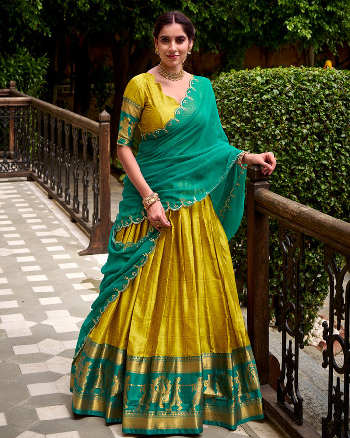 Yellow Color Poly Cotton Zari Weaving Half Saree