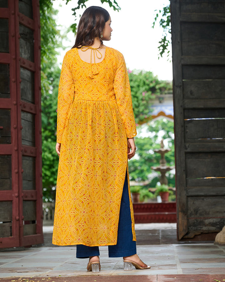 Elegant Yellow Georgette Bandhani Print Kurti