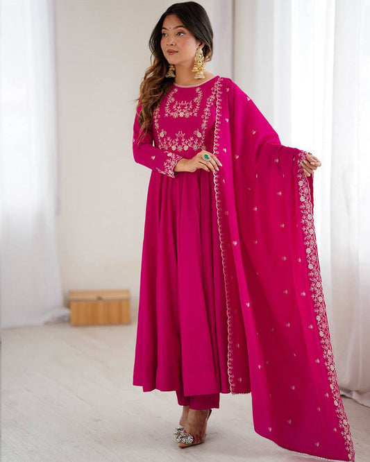 Rani Pink Color Chanderi Silk Three Piece Anarkali Suit