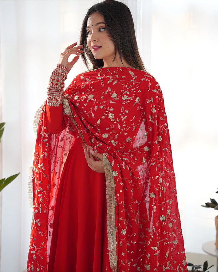 Red Color Soft Georgette Anarkali With Heavy Dupatta Work