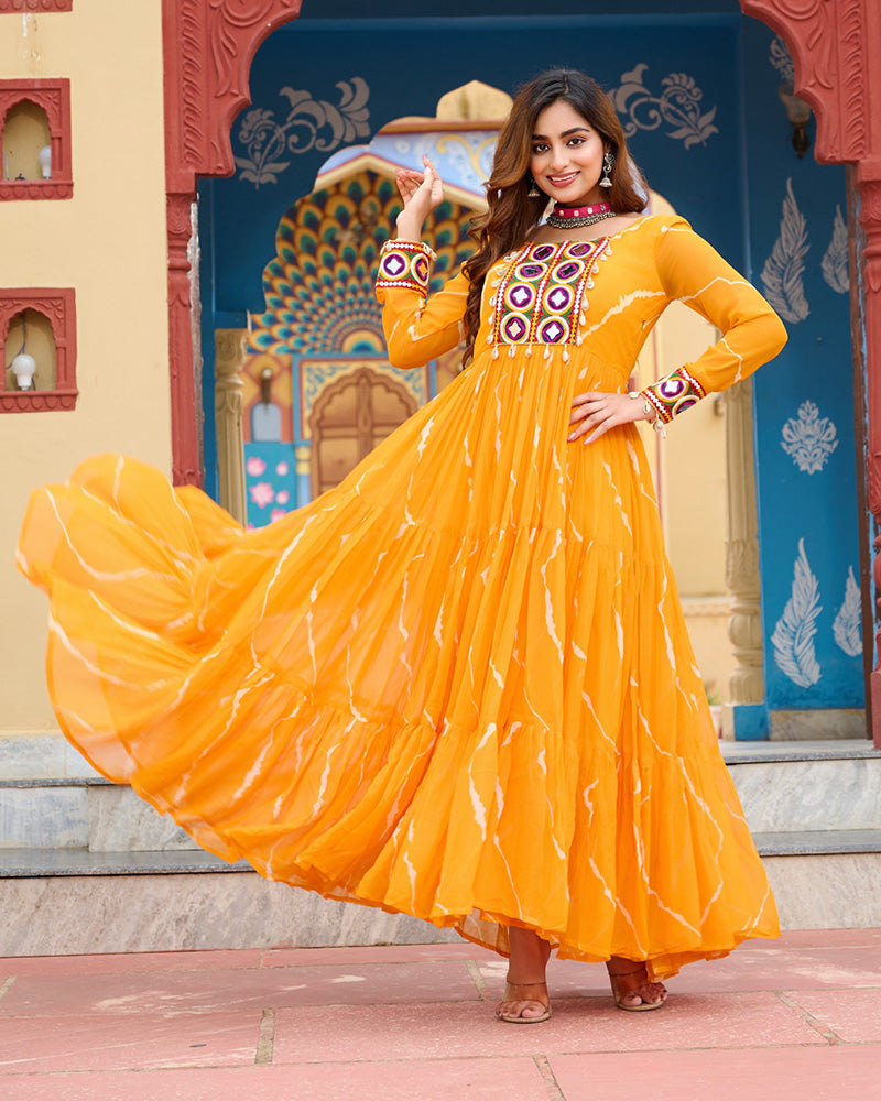 Navratri Special Yellow Color Faux Georgette Laheriya Print Gown