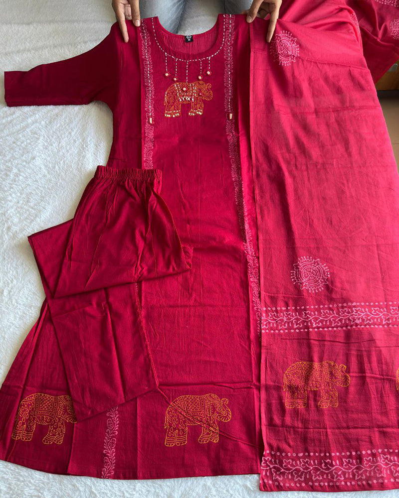 Cherry Red Color Pure Cotton Three Piece Kurti Suit