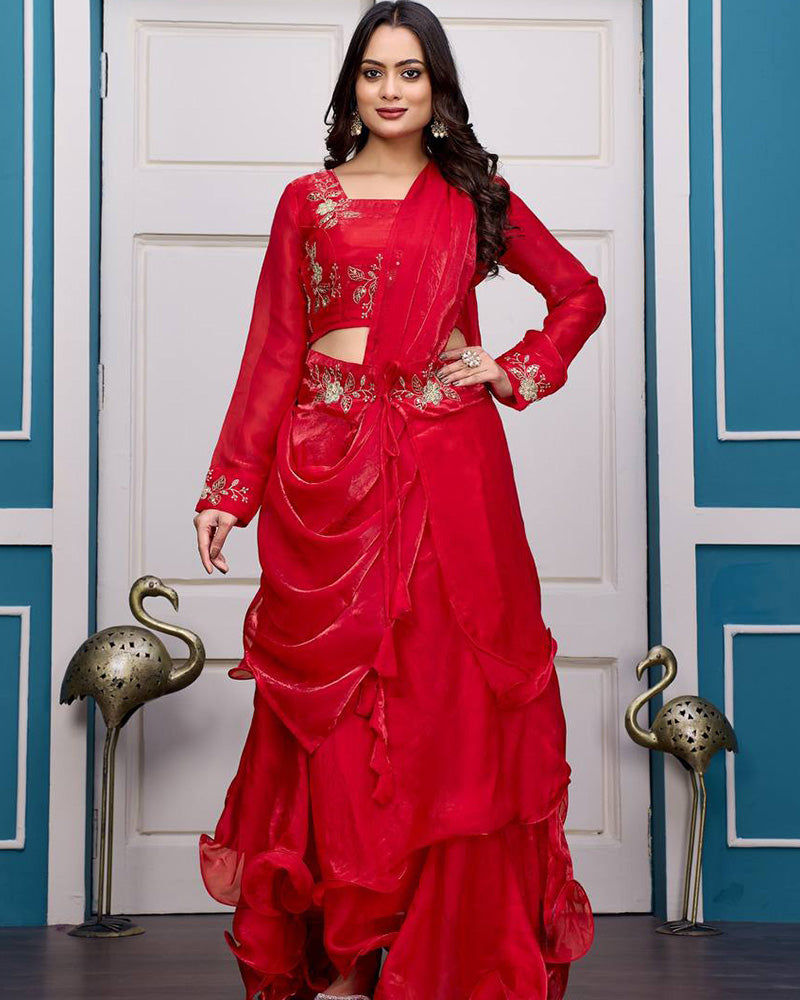 Red Color Fendy Satin Silk Embroidered Lehenga Choli