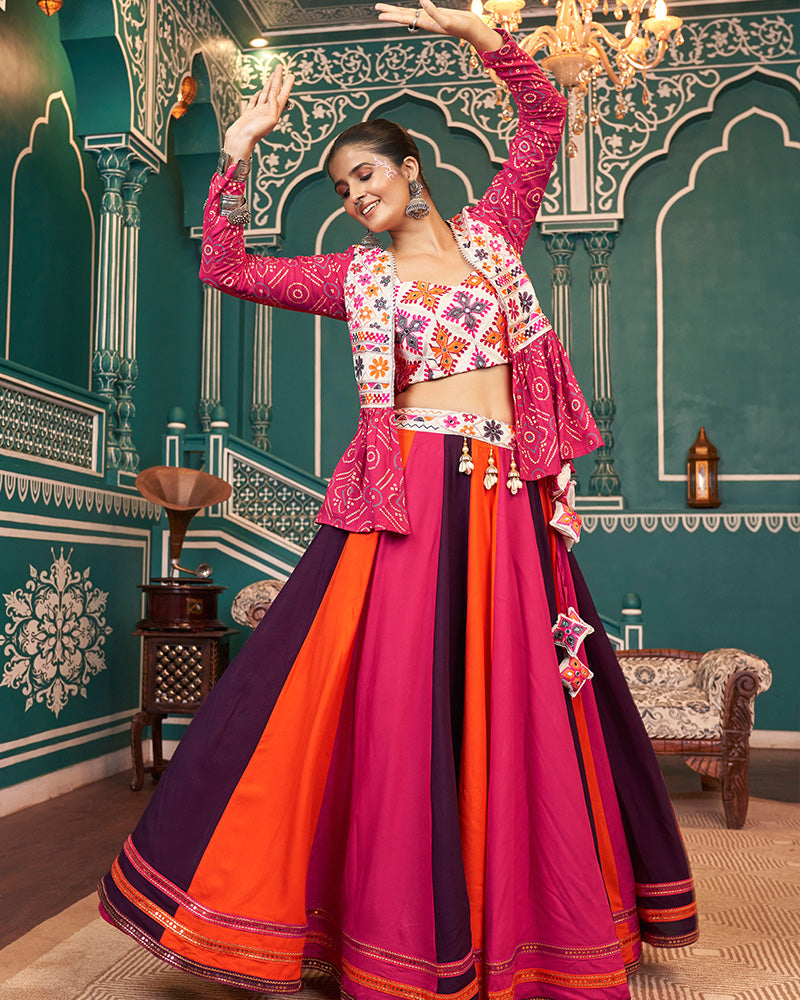 Pink Multi Color Rayon Navratri Lehenga Choli