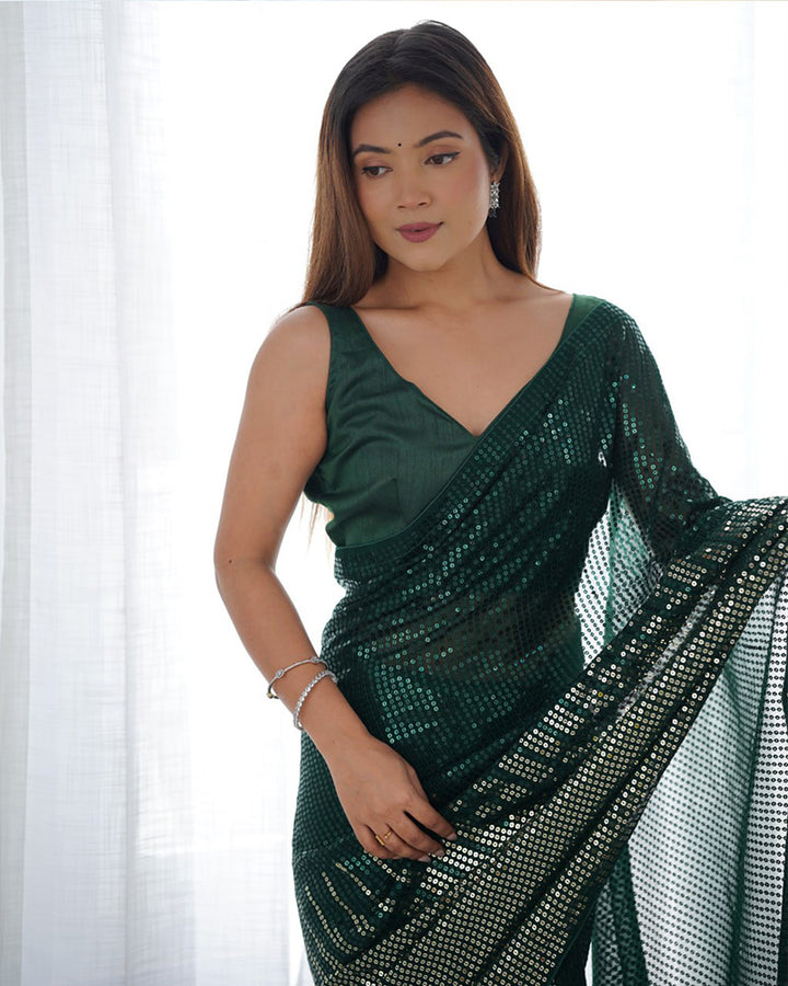 Green Color Heavy Georgette Sequence Embroidered Saree
