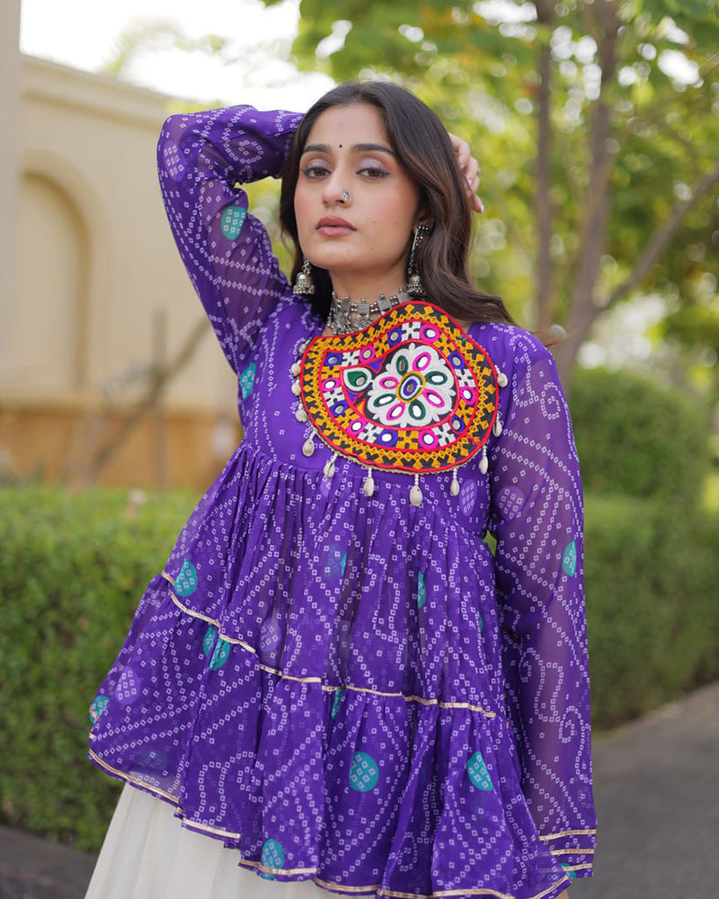 Purple Color Bandhani Printed With Kora Cotton Lehenga