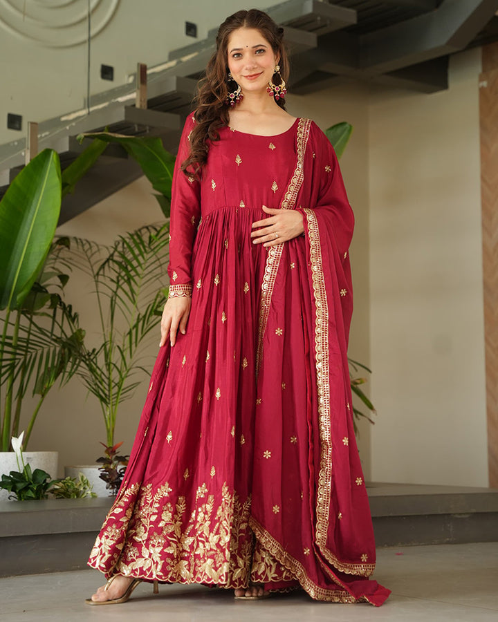 Beautiful Red Color Chinnon Gown With Embroidered Dupatta