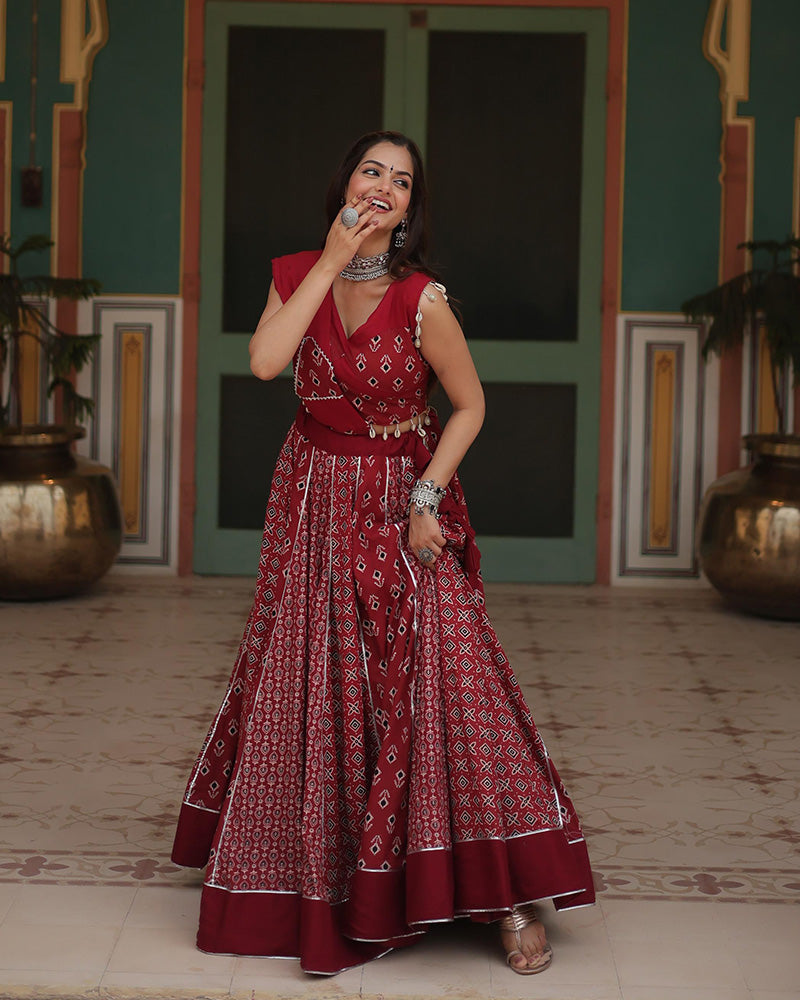 Navratri Wear Maroon Color Rayon Kali Pattern Printed Lehenga Choli