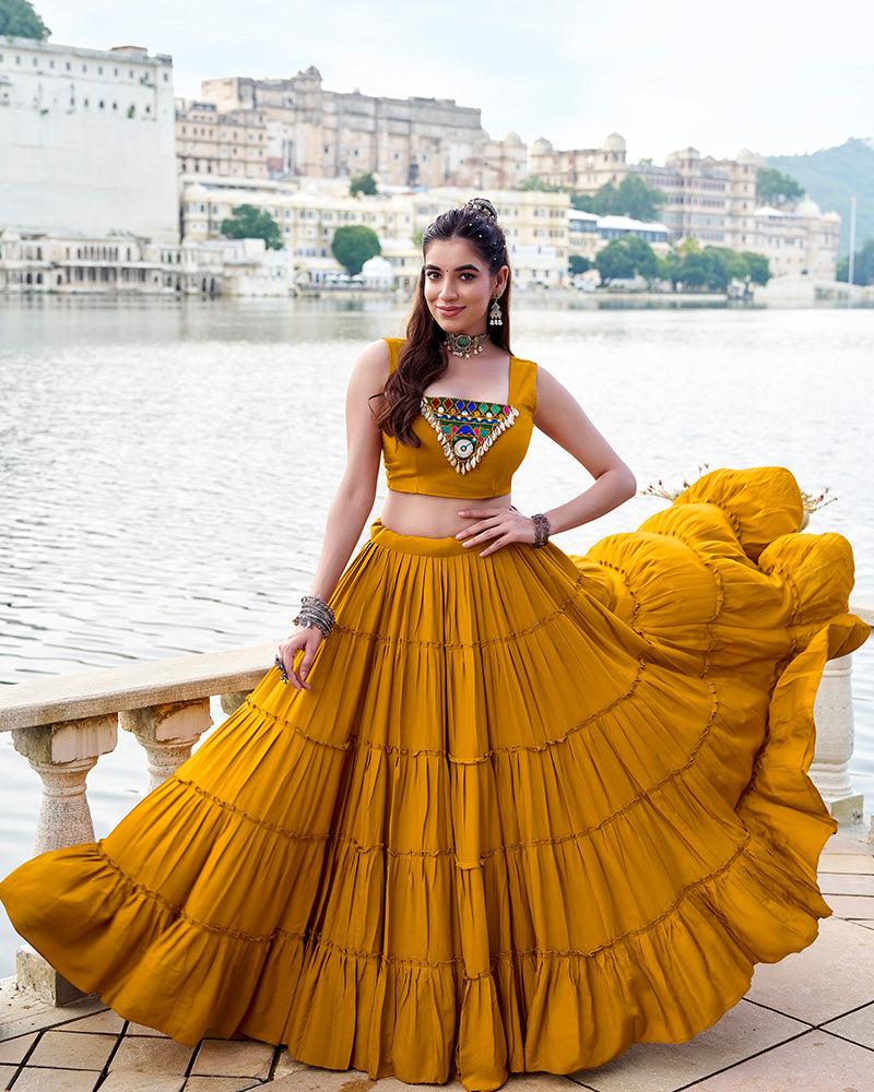 Mustard Color Pure Rayon Ruffle Style Navratri Lehenga Choli
